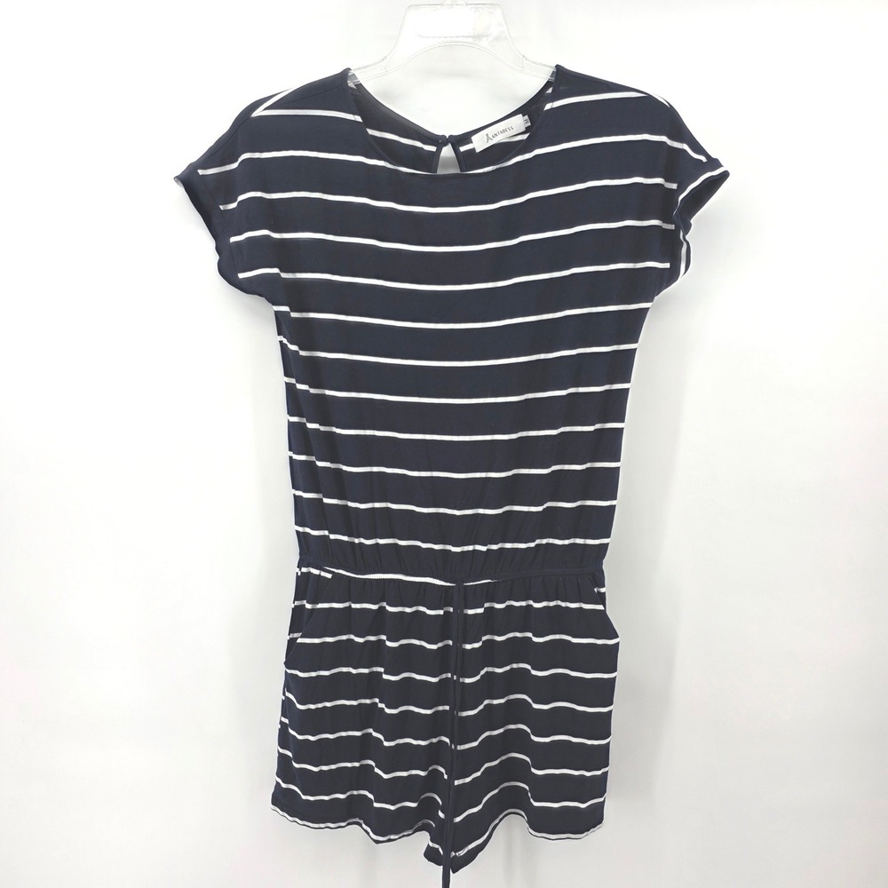 Anrabess Womens Navy Blue White Striped Romper Elastic Waist Pockets‎ Size M